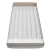 Top-down view of a light gray plastic tissue cassette storage cabinet drawer with sponge blocks.