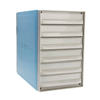A blue and white ABS plastic tissue cassette storage cabinet with six drawers, angled view.