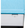 Close-up of interlocking mechanism on a blue and gray 4E's tissue cassette storage cabinet.