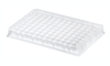 Clear plastic 96-well deep well plate with square wells and V-shaped conical bottom.