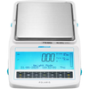 Top-down view of Adam Equipment Polaris precision balance with stainless steel pan and blue backlit digital display.