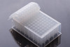 Translucent 96-well plate with a partially peeled-back silicone sealing mat.