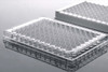 Clear plastic 96-well ELISA plates shown at an angled perspective on a reflective surface.