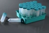 Teal rack filled with clear 50ml centrifuge tubes and teal caps, with two extra tubes outside.
