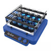 Blue 4E's orbital shaker with metal attachment holding eleven Erlenmeyer flasks containing blue liquid.