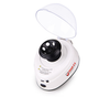 White 4E's mini centrifuge with open clear plastic lid and black rotor, angled view.