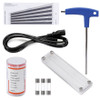 A microhaematocrit reader, blue T-handle hex wrench, power cord, capillary tubes vial, three fuses, and a clear plastic tray.