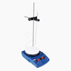 Blue and white 4E's hotplate magnetic stirrer with vertical stand, clamp, temperature probe, and LED display.