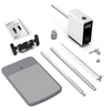 Overhead stirrer unit in white, shown disassembled with baseplate, support rods, impeller, chuck, and manual.