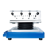 Front view of 4E's LED Digital 3D Shaker with blue base, black bellows, and silver platform with adjustment knobs.