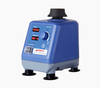 A blue and grey 4E's digital vortex mixer with an LED screen and control knob, angled on four suction-cup feet.