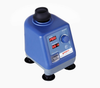 Blue digital vortex mixer angled view with speed and timer displays, control knob, and four black suction feet.