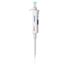 White 4E's single-channel adjustable pipette with a green plunger and attached yellow tip, centered on white.
