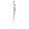 A white 4E's single-channel adjustable pipette with a red plunger button and attached blue tip.