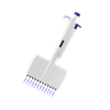 White 4E's 12-channel adjustable pipette with blue plunger and tips, angled view on black.