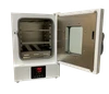 Front angle of a white benchtop incubator with its stainless steel door open, showing interior shelves and digital control