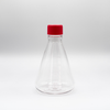 Clear 1000mL PETG Erlenmeyer flask with flat bottom and red vent cap, standing on a white background.