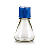 Clear polycarbonate Erlenmeyer flask with a blue screw cap, flat bottom, and volume markings.
