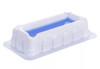 White polystyrene 10mL reagent reservoir filled with blue liquid, angled view.
