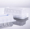 Stack of white sterile polystyrene reagent reservoirs with tapered V-bottoms.