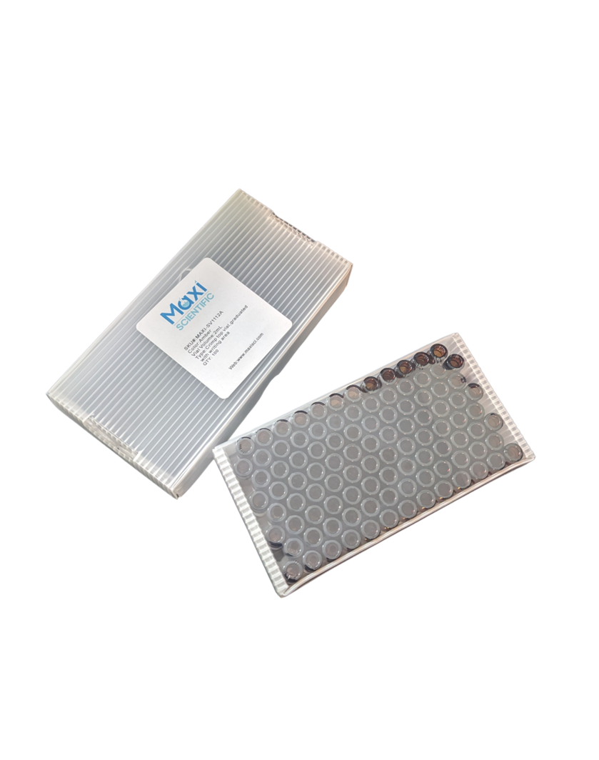 Two clear plastic trays of amber 2mL autosampler vials, one closed with a product label and one open showing vials.