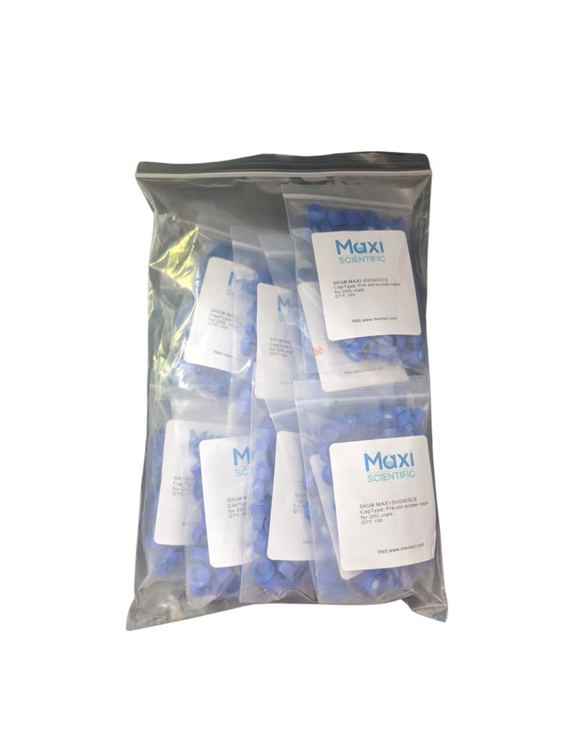 Clear plastic case containing ten smaller bags of blue screw-caps for 2mL vials.