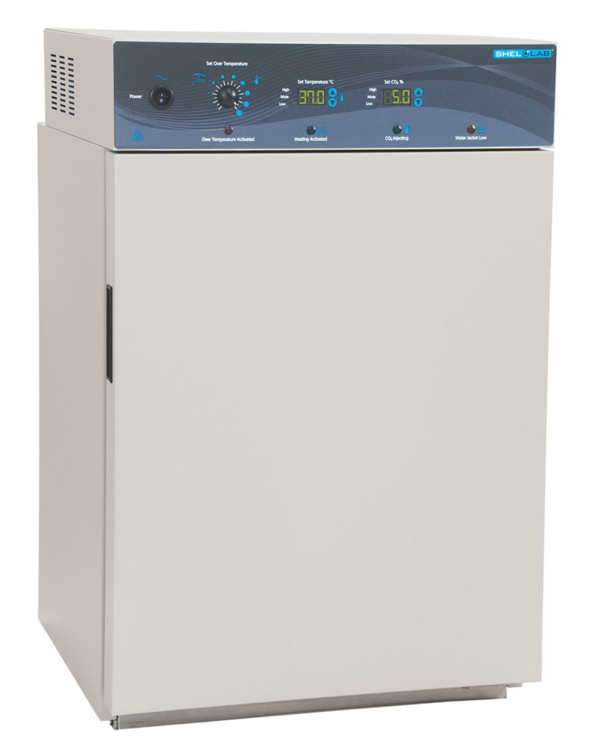 Off-white Sheldon Manufacturing CO2 incubator with a digital control panel and door handle.