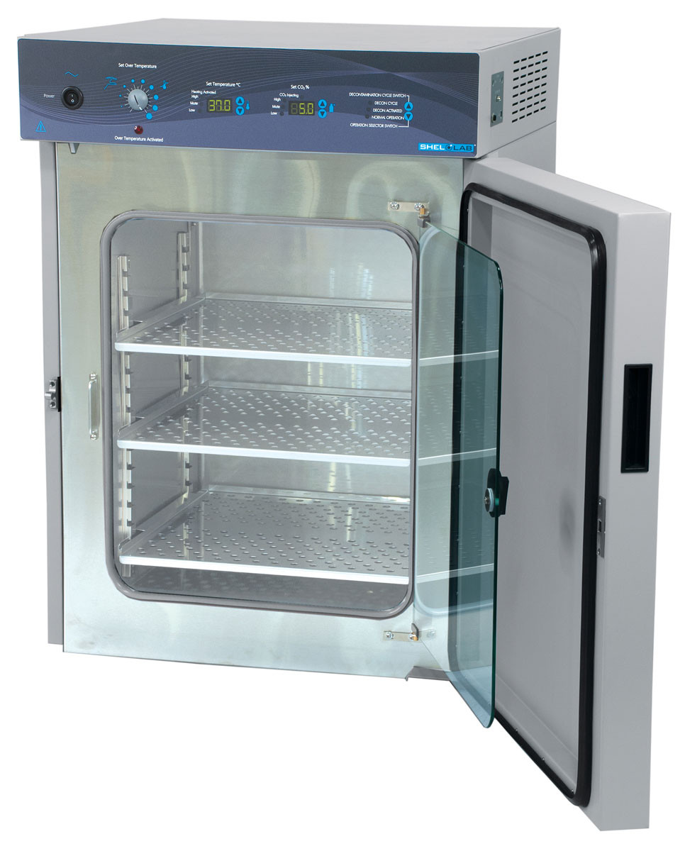 Front view of a grey ShepLab CO2 incubator with open door, showing stainless steel interior and three shelves.