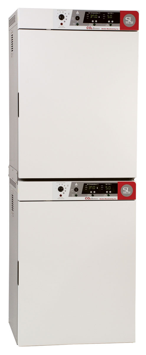 Stacked white Shel Lab CO2 incubator dual chamber with digital control panels.