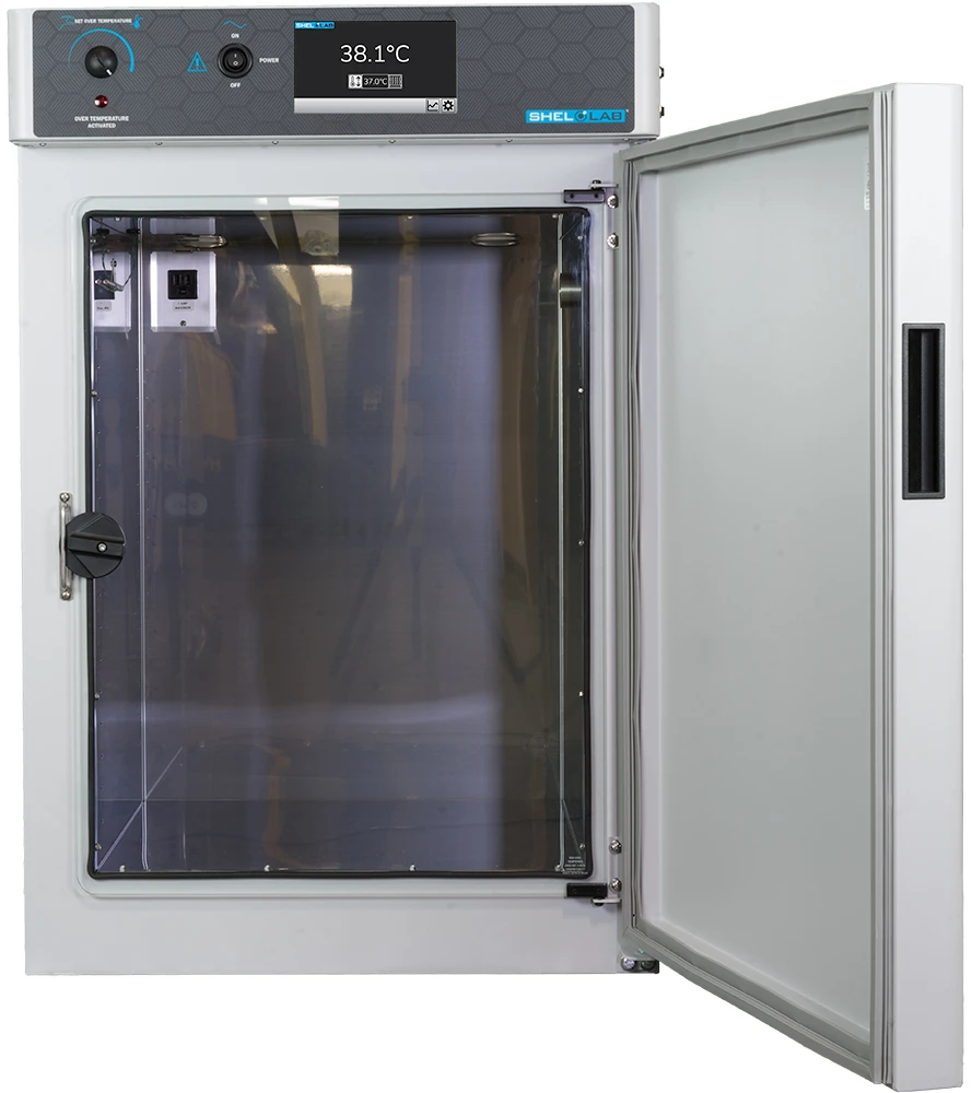 Front view of a white Shel Lab incubator with its heavy insulated door open, revealing the empty interior.