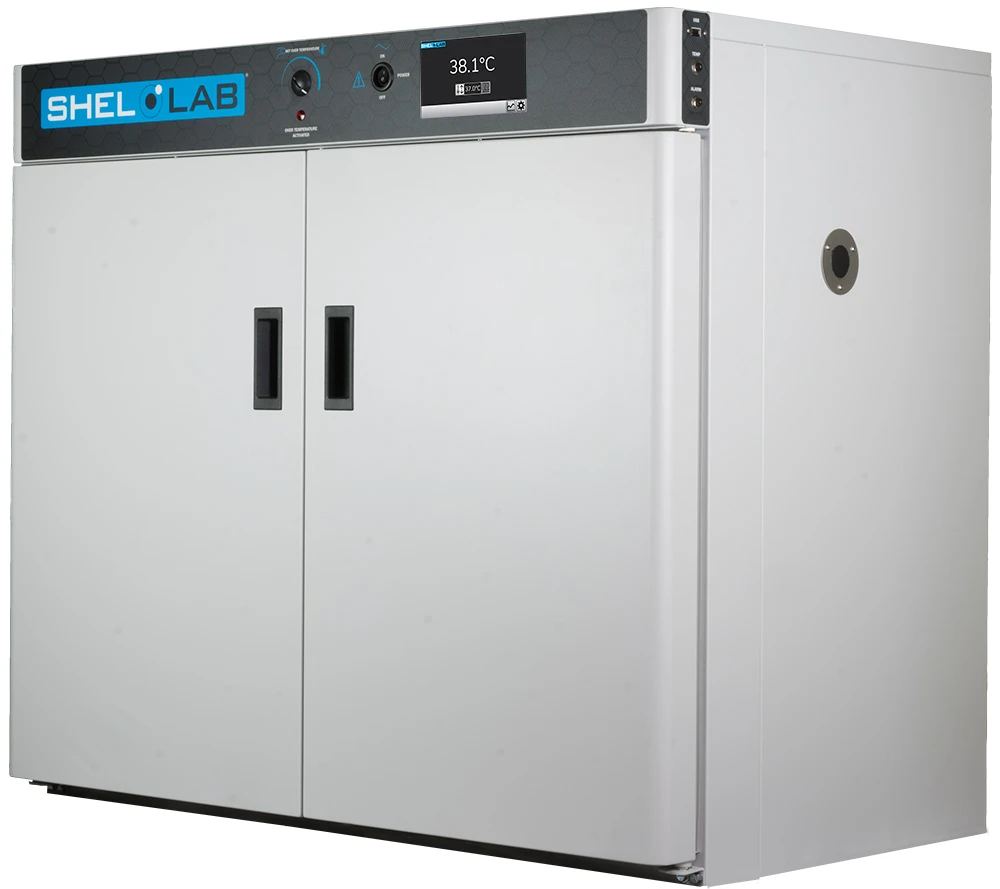 White Sheldon Lab laboratory incubator with side-by-side doors, top digital display panel, and black branding.