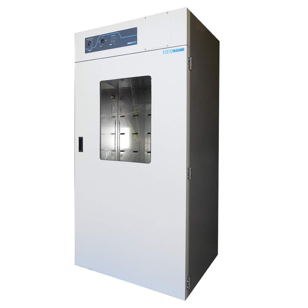 White Shel Lab large capacity laboratory incubator with a glass door window, angled view.
