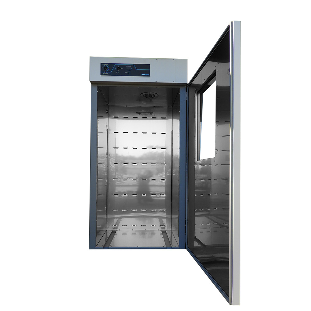 Stainless steel interior of Sheldon large capacity laboratory incubator with open door.