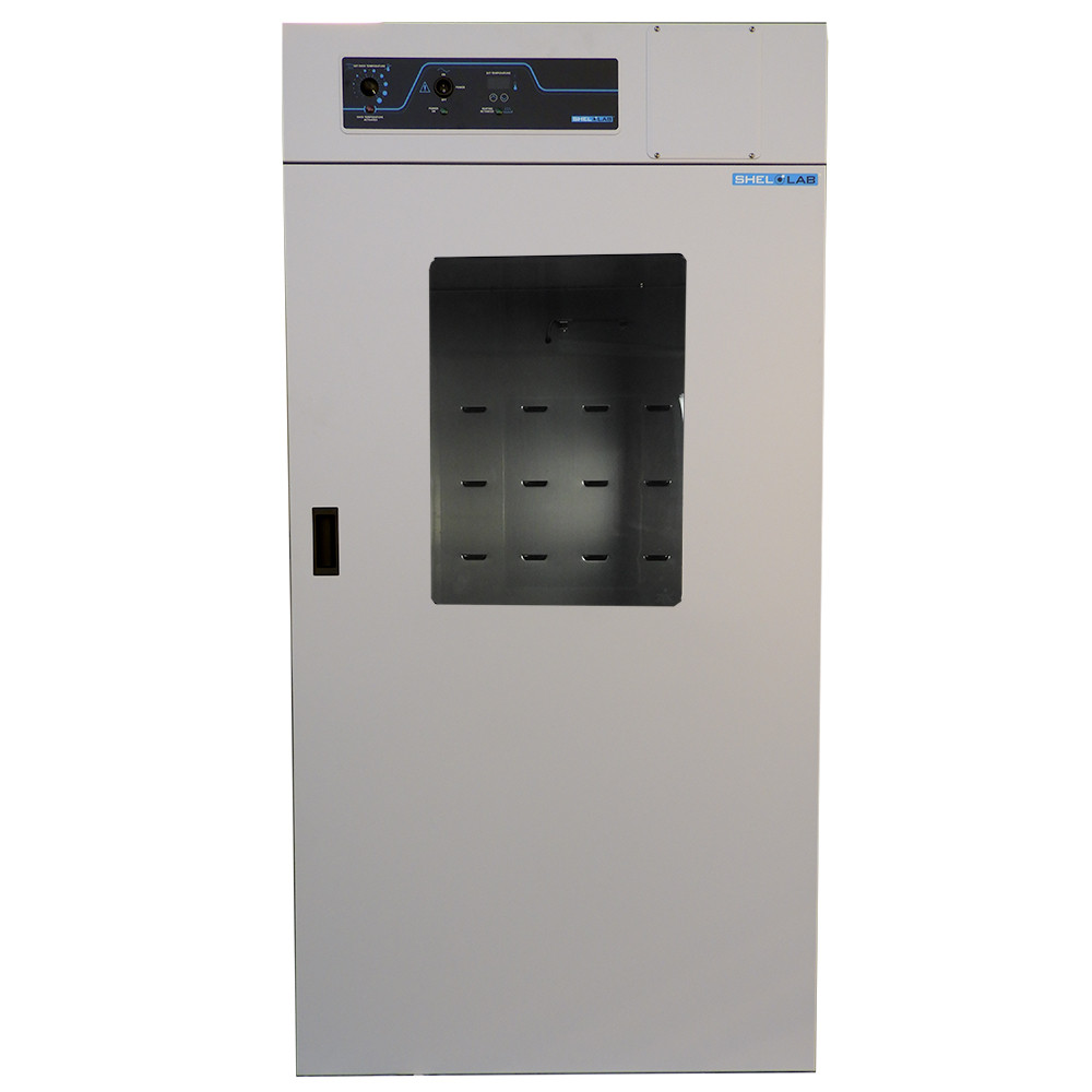 Shel Lab large capacity laboratory incubator with a solid white exterior and a central viewing window on the door.