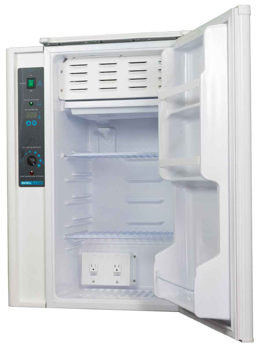Front three-quarter view of an open white Sheldon refrigerated incubator showing interior shelves and dual electrical
