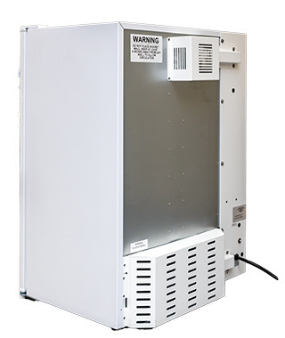 Rear view of a white Sheldon Manufacturing refrigerated incubator showing ventilation grilles and a power cord.