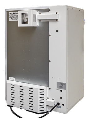 Rear view of a white Sheldon Manufacturing refrigerated incubator showing ventilation grilles and power cord.