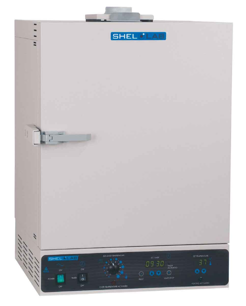Off-white lab oven with digital control panel, front door, and metal handle, angled slightly left.