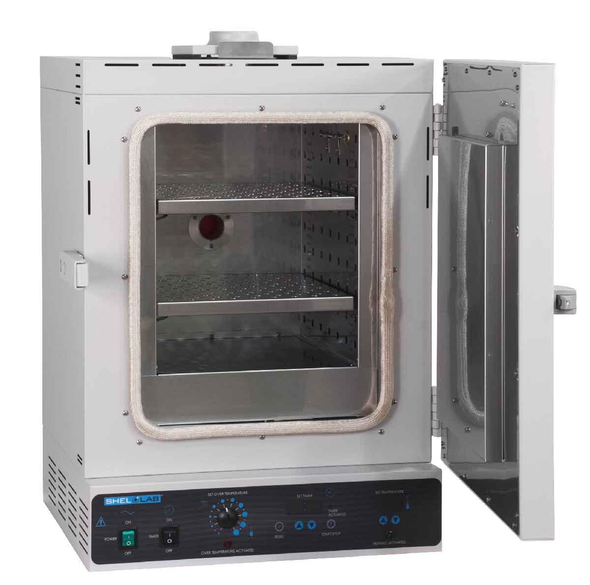 Front view of white Shel Lab forced-air laboratory oven with open door, showing metal interior and control panel.
