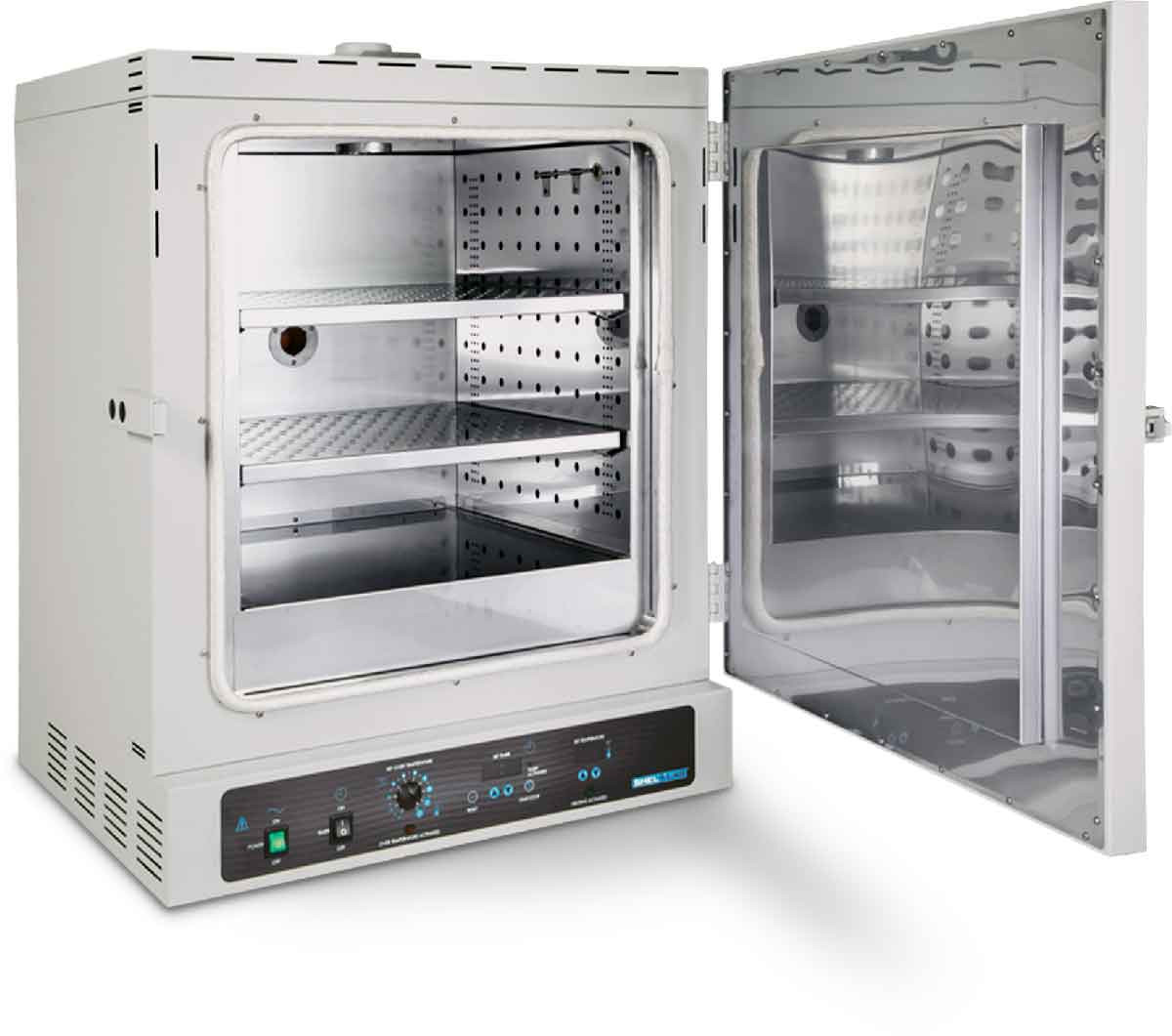 Sheldon forced air laboratory oven with open stainless-steel interior, shelves, and control panel.