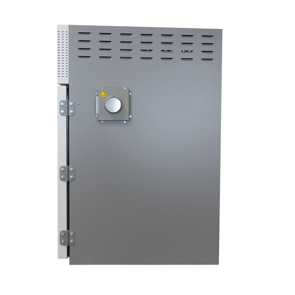 Front view of the gray Sheldon Manufacturing forced air oven, featuring three heavy-duty hinges on the left door and a