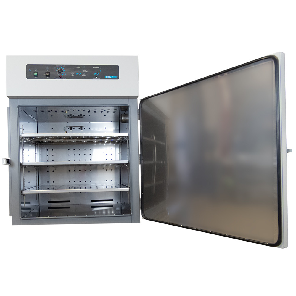 Front view of a white lab oven with an open door revealing three stainless steel shelves.