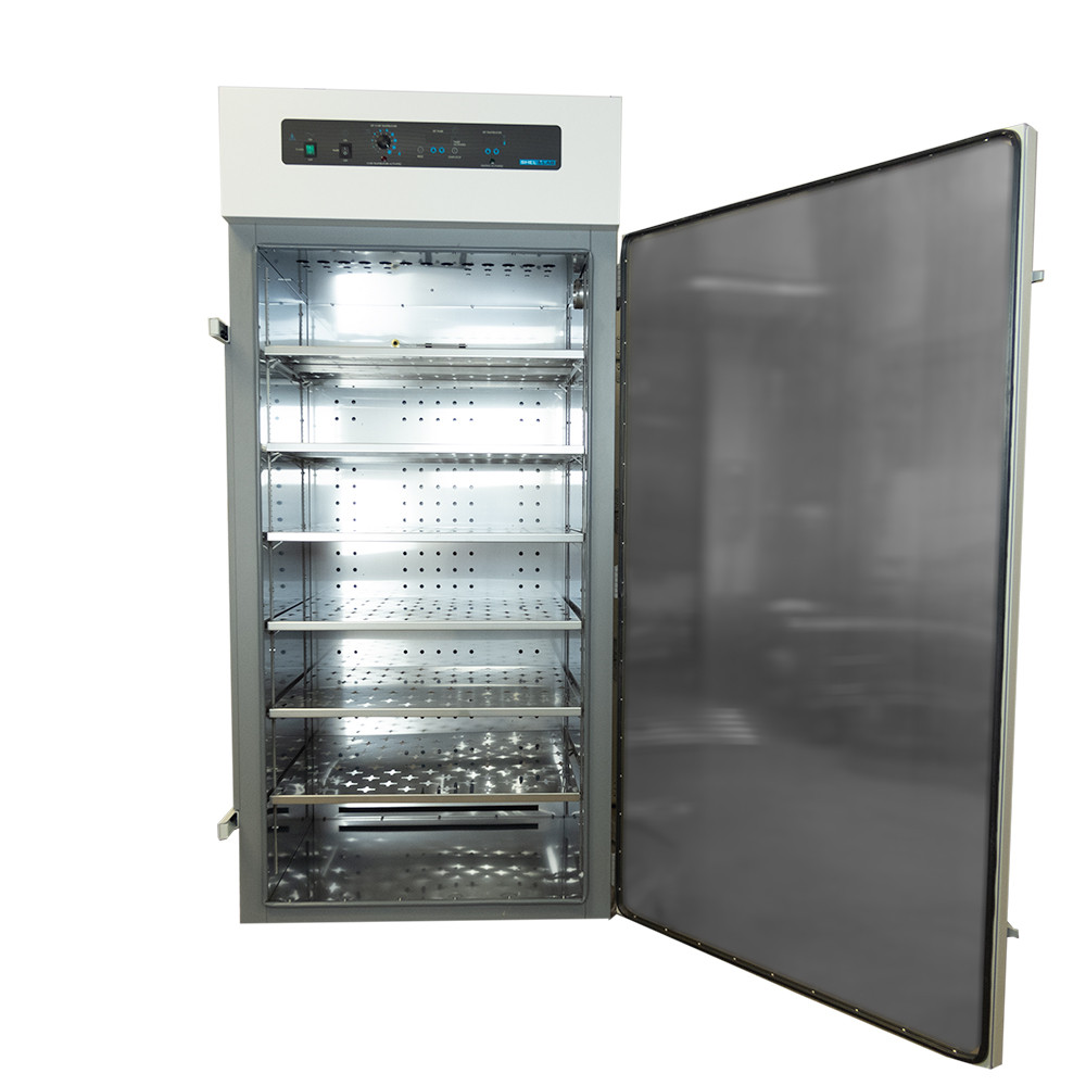 Sheldan Manufacturing forced-air oven with open door, stainless steel interior, and digital control panel.