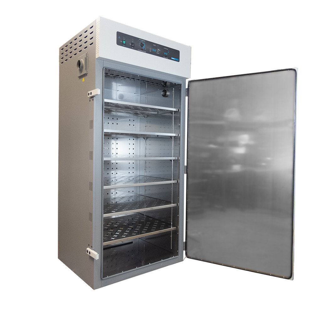 SHEL LAB forced air laboratory oven with open stainless steel door and interior shelves.