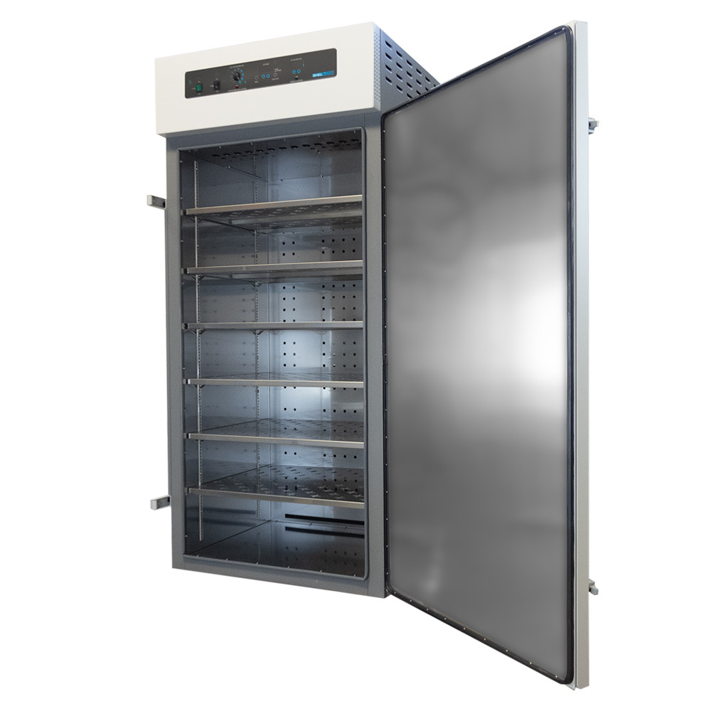 Sheldon Manufacturing large forced air oven with open door, stainless steel interior, and six shelves.