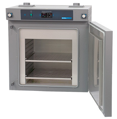 Front view of a gray Shel Lab high-performance laboratory oven with its door open, showing two interior wire shelves.