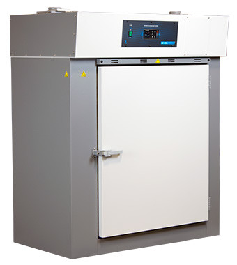 Sheldon Manufacturing high-performance lab oven with gray body, white door, and digital controller panel on top.