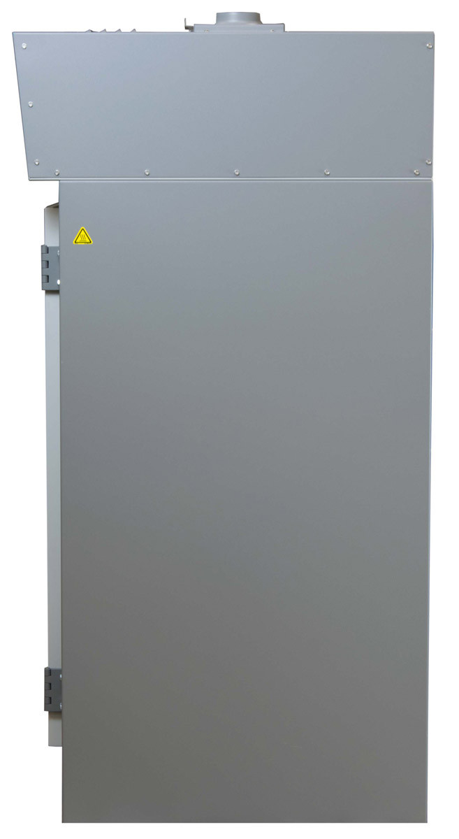 Side view of gray Sheldon Lab high performance oven with top vent and two door hinges.