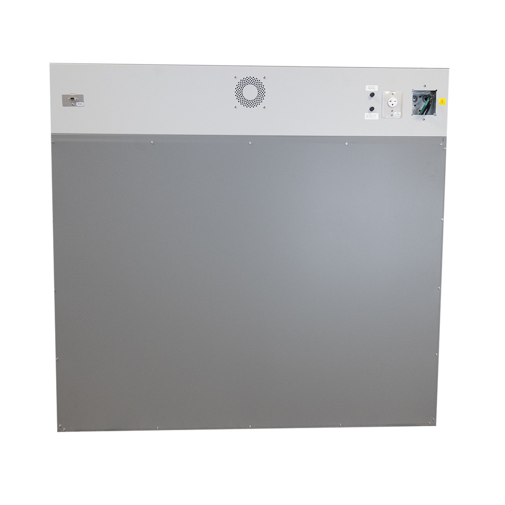 Back view of a gray Sheldon Manufacturing high-performance oven showing the metal panel, vent, and electrical connections.