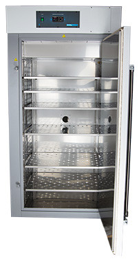 Front view of a gray industrial laboratory oven with the door open, revealing stainless steel interior shelves and a digital
